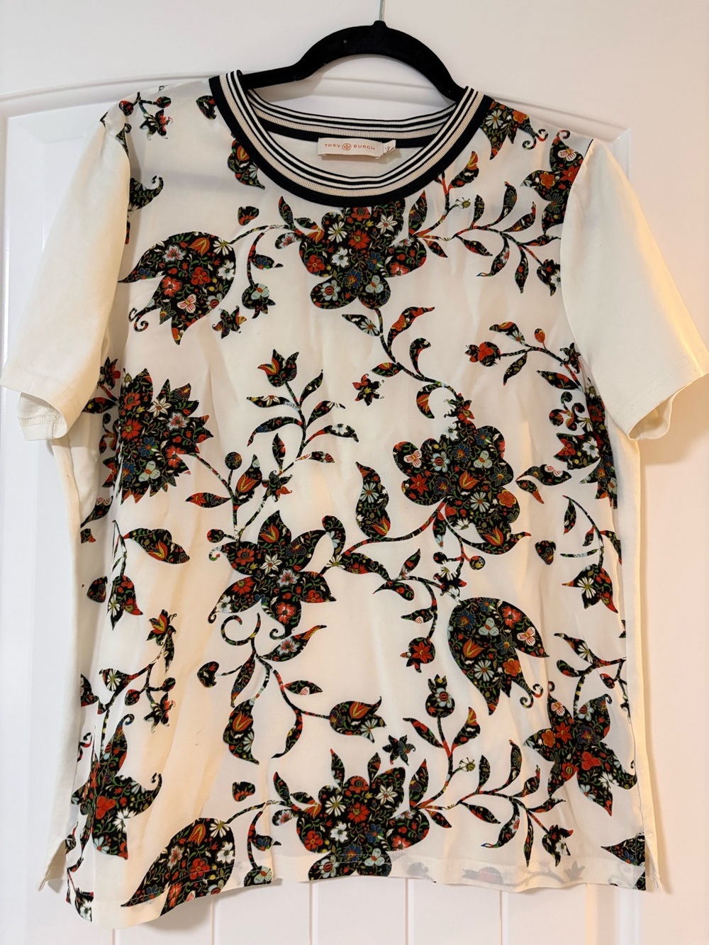 Tory Burch White Short-Sleeve Floral Print Tee with Striped Neck